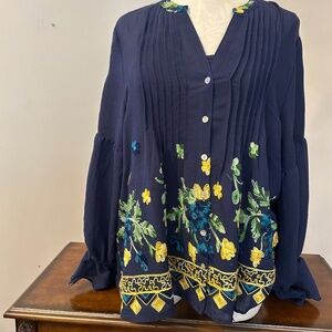 Hope Springs navy blue tunic embroidered floral design with camisole, size XL